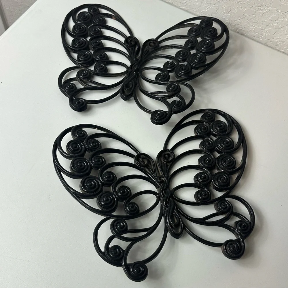 Vintage 70s Burwood Wicker Butterfly Wall Hanging Decor Painted Black Set Of Two